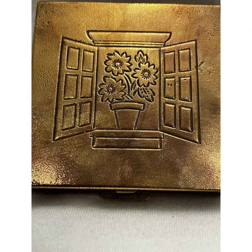 VTG Brass Art Deco Embossed Flower Pot Window Compact Purse Mirror Square